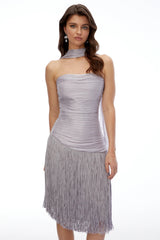Amaia Smoky Purple Off Shoulder Ruched Midi Dress with Fringe