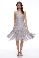 Amaia Smoky Purple Off Shoulder Ruched Midi Dress with Fringe
