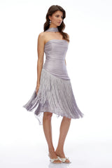 Amaia Smoky Purple Off Shoulder Ruched Midi Dress with Fringe