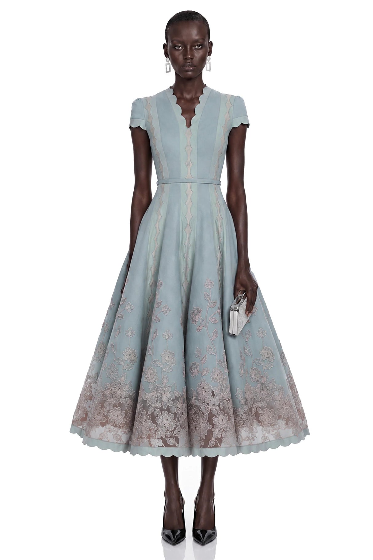 Amália Blue Scalloped Floral Embroidered Midi Dress