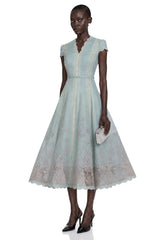 Amália Blue Scalloped Floral Embroidered Midi Dress