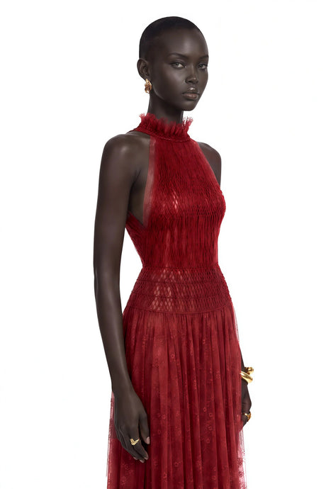 Amandine Red Halterneck Semisheer Maxi Dress