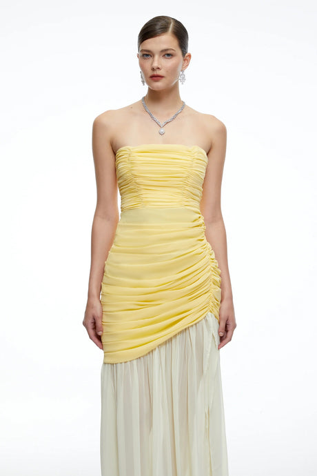 Amandine Yellow Ruched Maxi Dress with Slit