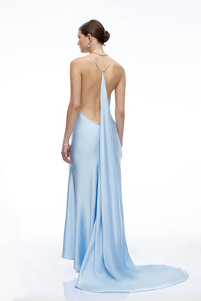 Amara Blue Satin Cowl Neck Maxi Dress