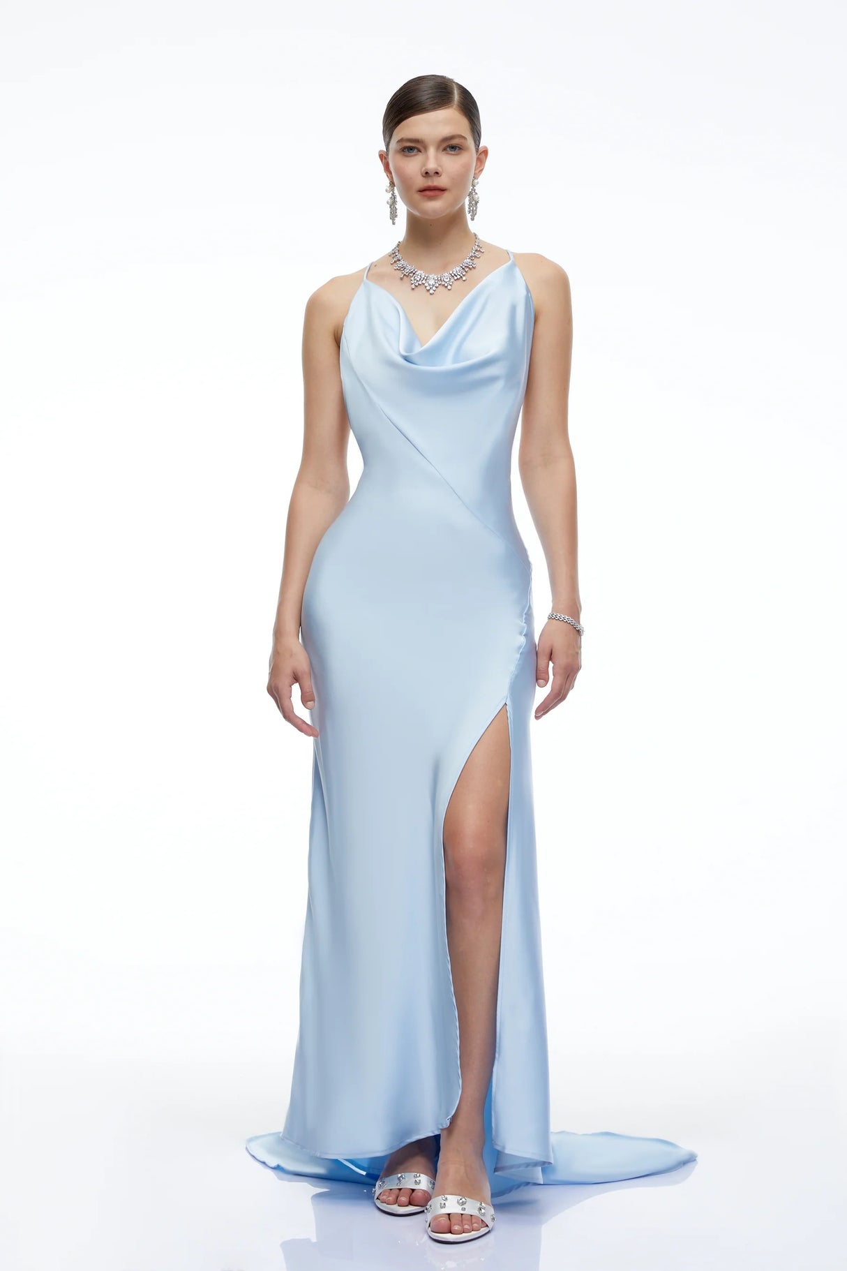 Amara Blue Satin Cowl Neck Maxi Dress