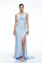 Amara Blue Satin Cowl Neck Maxi Dress