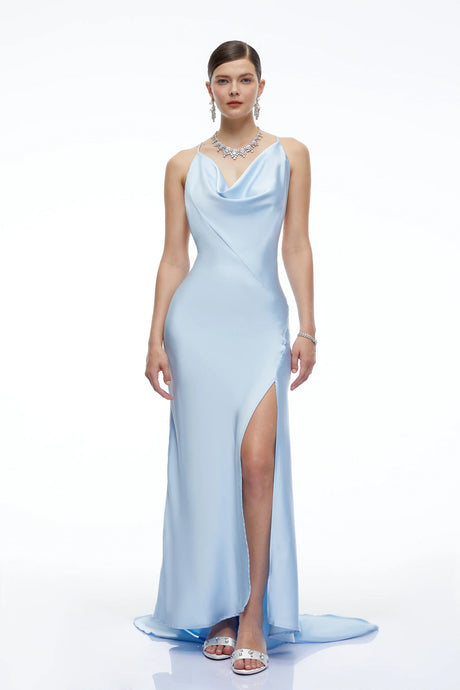 Amara Blue Satin Cowl Neck Maxi Dress
