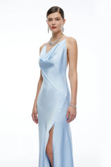 Amara Blue Satin Cowl Neck Maxi Dress