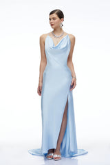 Amara Blue Satin Cowl Neck Maxi Dress