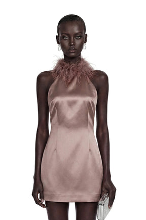 Amara Khaki Mini Dress with Feather Trim