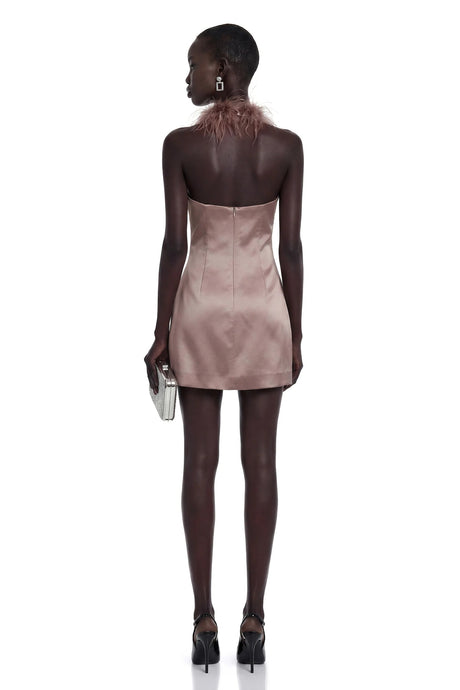 Amara Khaki Mini Dress with Feather Trim