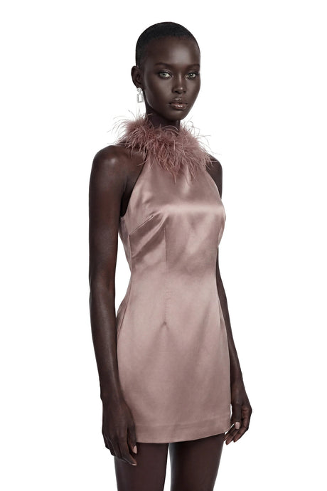 Amara Khaki Mini Dress with Feather Trim