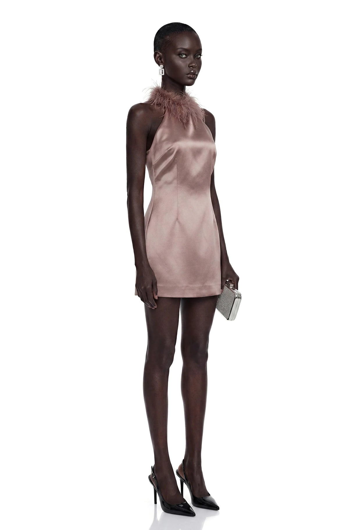 Amara Khaki Mini Dress with Feather Trim