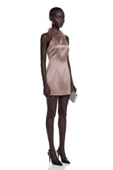 Amara Khaki Mini Dress with Feather Trim