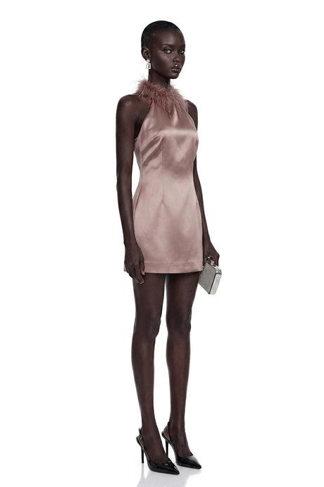 Amara Khaki Mini Dress with Feather Trim