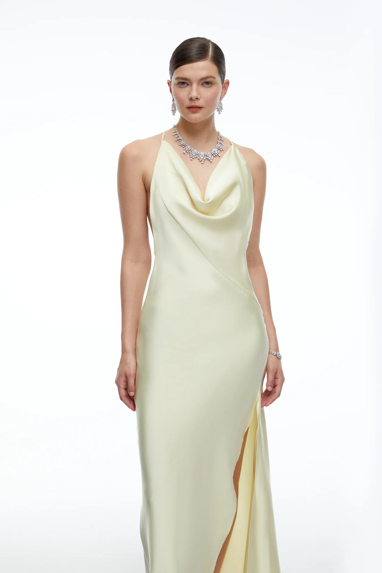 Amara Neutral Satin Cowl Neck Maxi Dress
