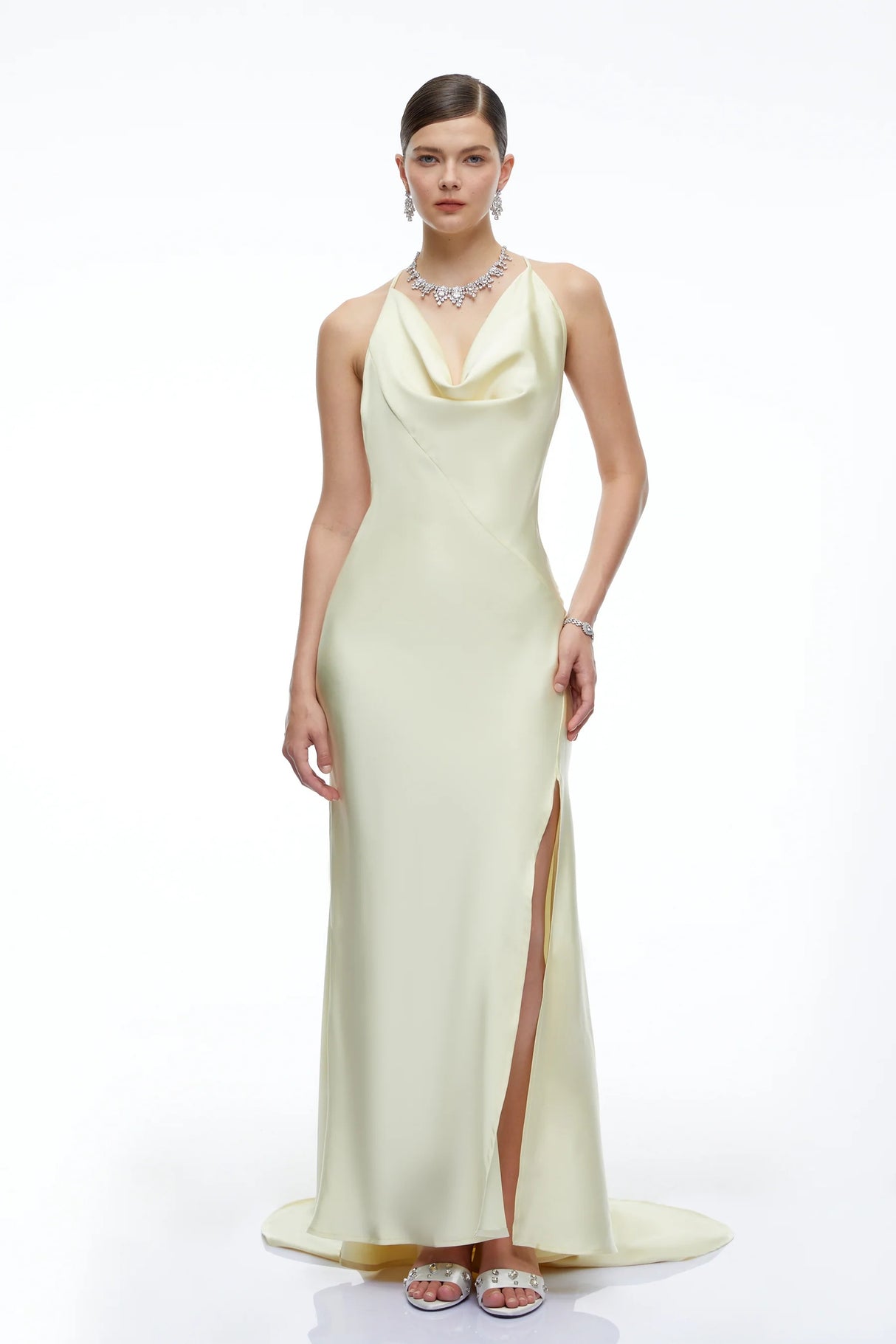 Amara Neutral Satin Cowl Neck Maxi Dress
