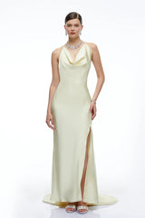 Amara Neutral Satin Cowl Neck Maxi Dress