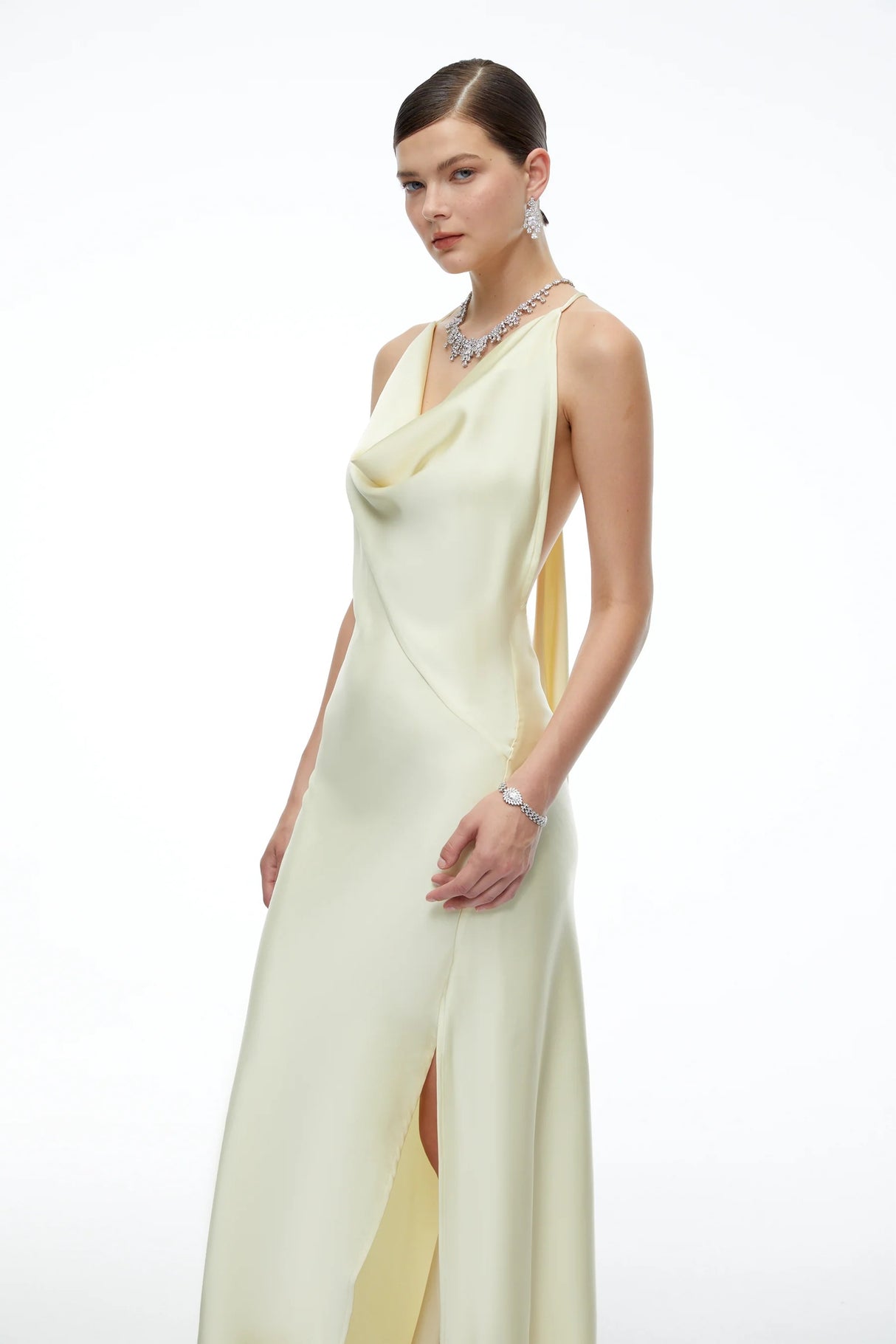Amara Neutral Satin Cowl Neck Maxi Dress