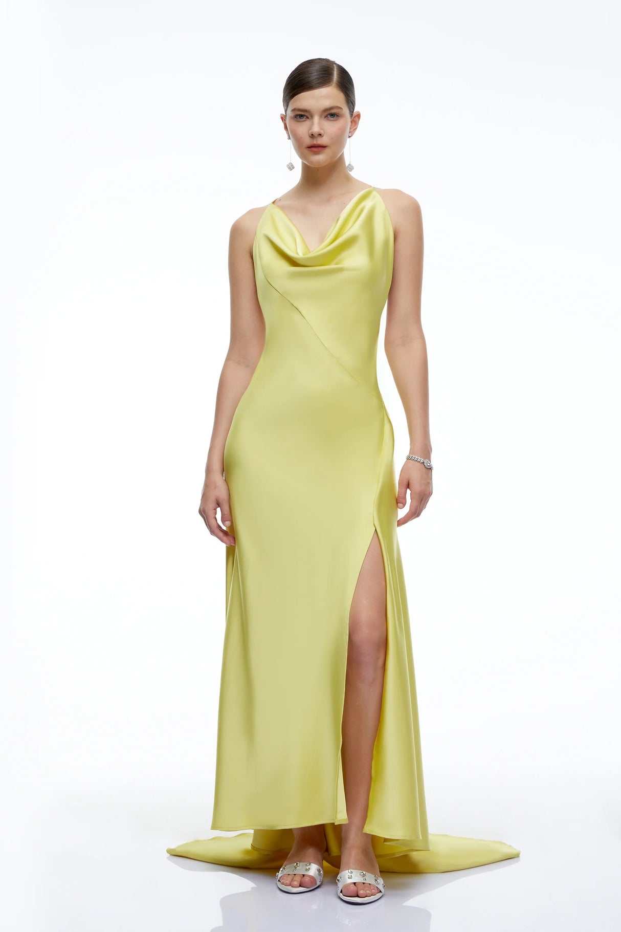 Amara Olive Green Satin Cowl Neck Maxi Dress