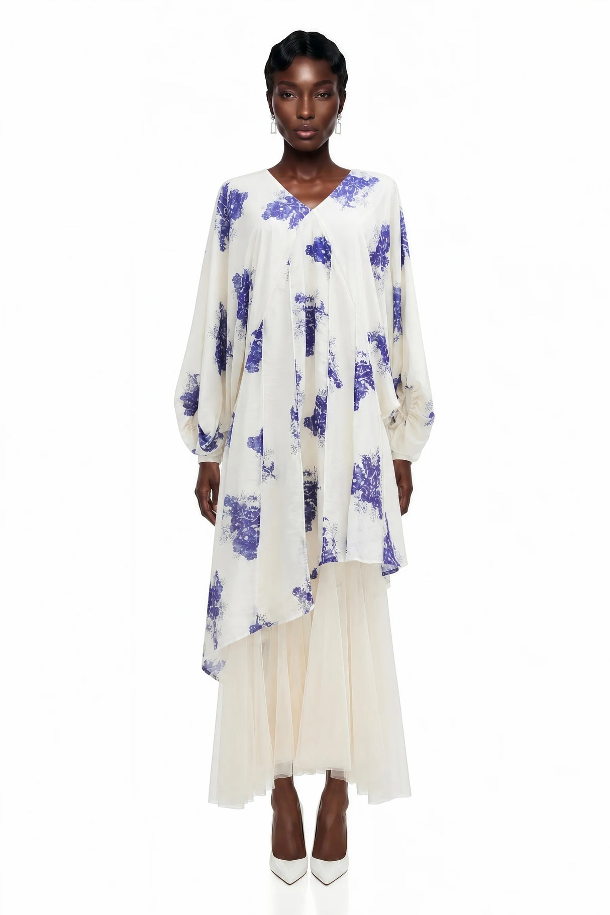 Amara White Floral Print Asymmetrical Maxi Dress