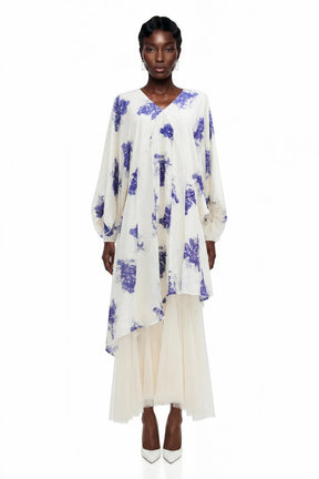Amara White Floral Print Asymmetrical Maxi Dress