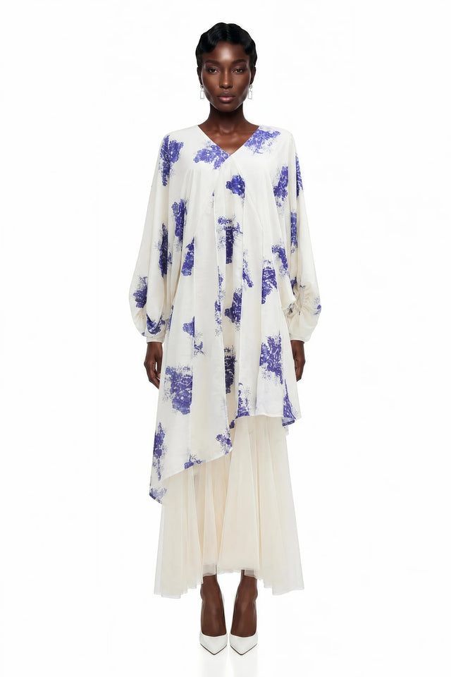 Amara White Floral Print Asymmetrical Maxi Dress
