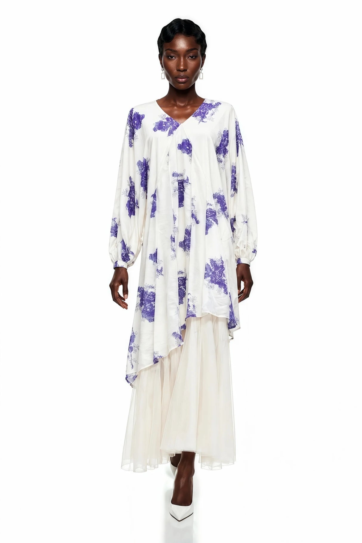 Amara White Floral Print Asymmetrical Maxi Dress