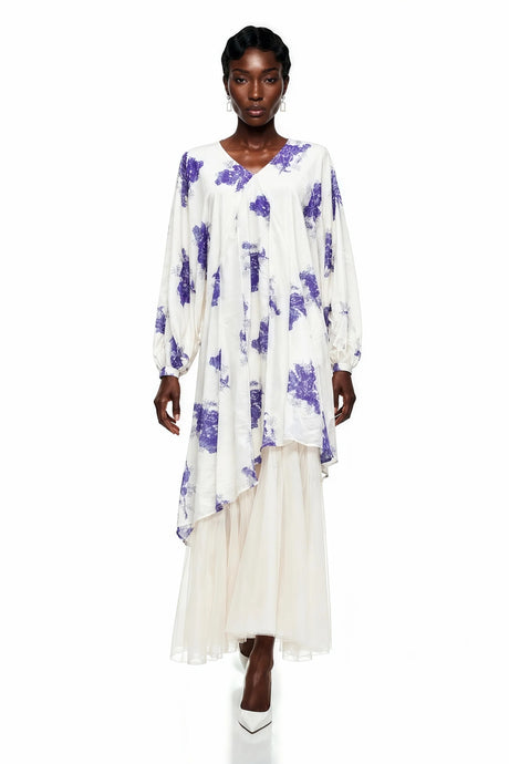 Amara White Floral Print Asymmetrical Maxi Dress