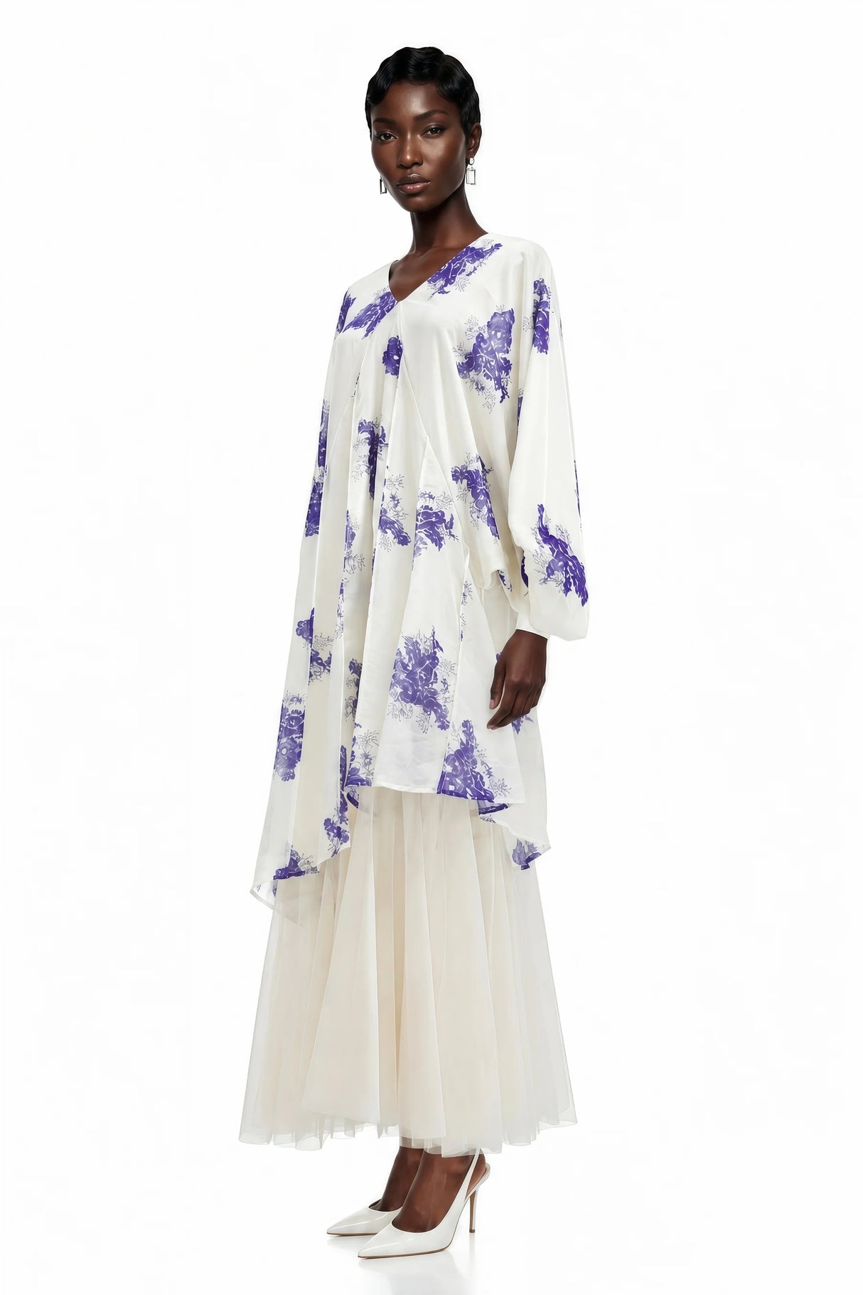 Amara White Floral Print Asymmetrical Maxi Dress