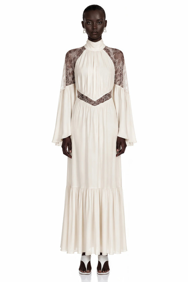 Amara White Pleated Maxi Dress with Flared Sleeves