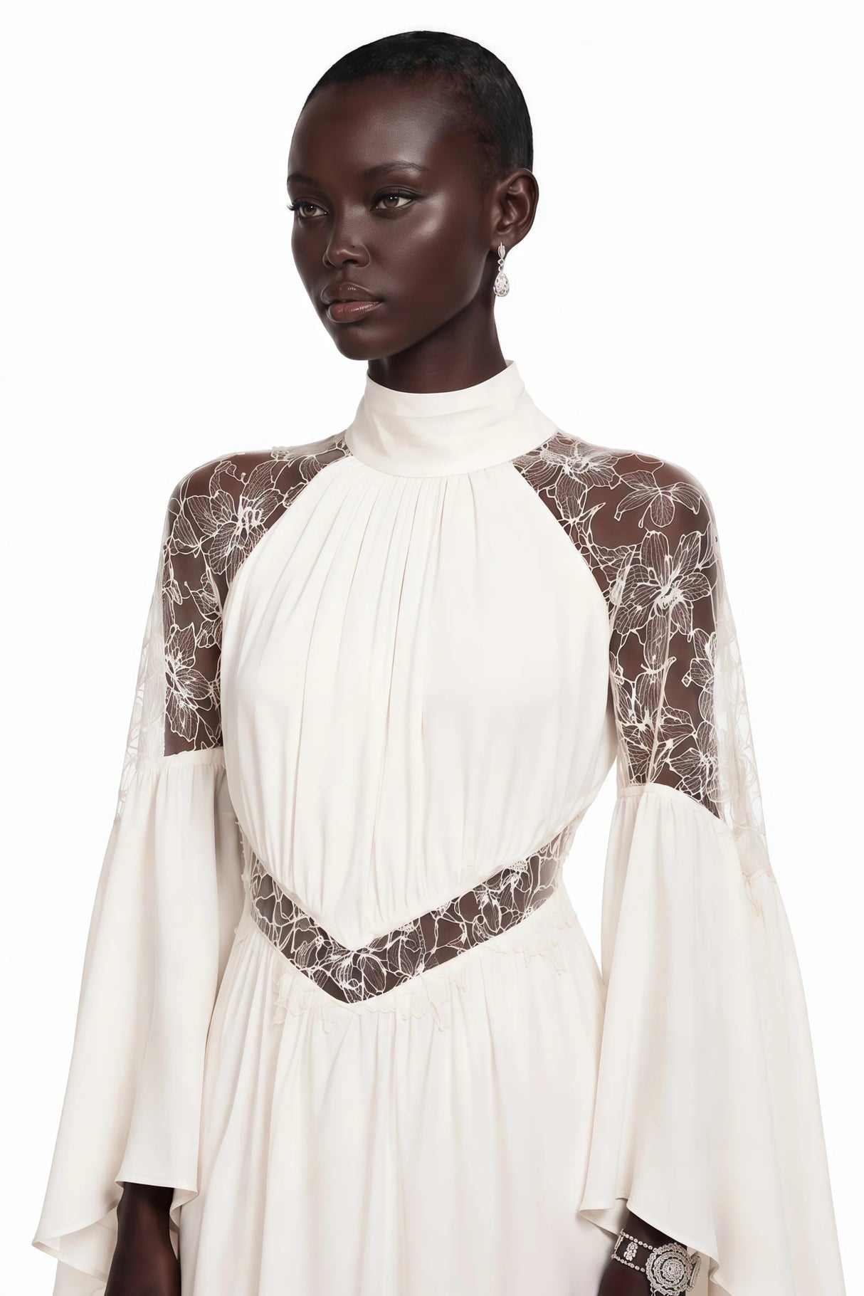 Amara White Pleated Maxi Dress with Flared Sleeves