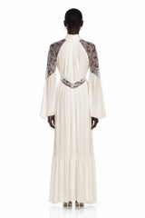 Amara White Pleated Maxi Dress with Flared Sleeves