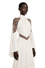 Amara White Pleated Maxi Dress with Flared Sleeves