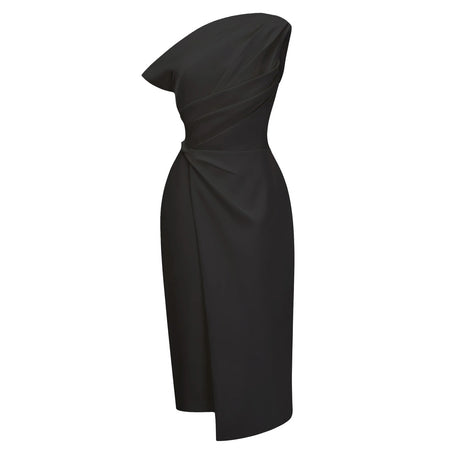 Amarante Black One Shoulder Asymmetrical Midi Dress