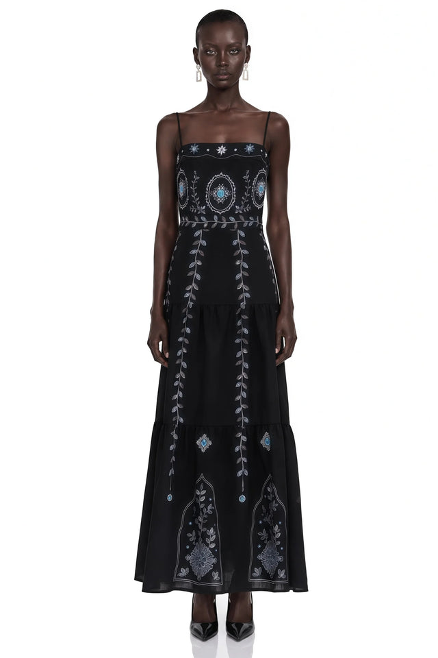 Amarinthe Black Embroidered Maxi Dress with Spaghetti Straps