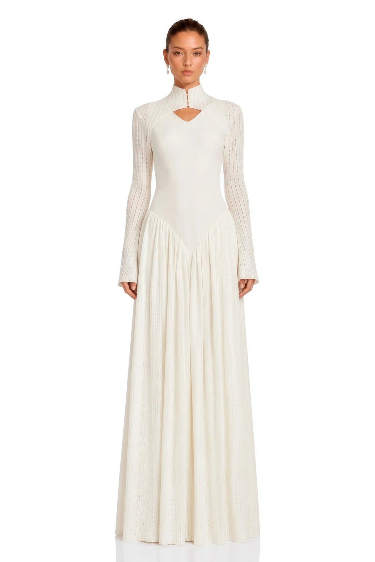 Amaris Neutral Ribbed Knit Long Sleeves Maxi Dress