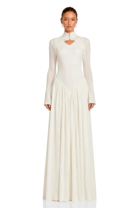 Amaris Neutral Ribbed Knit Long Sleeves Maxi Dress