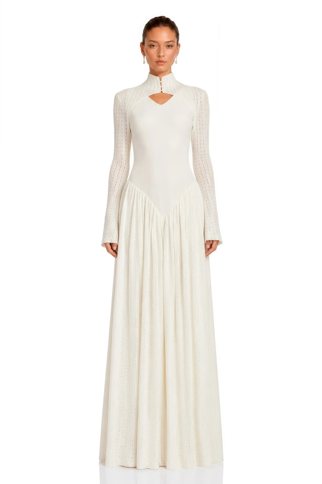 Amaris Neutral Ribbed Knit Long Sleeves Maxi Dress