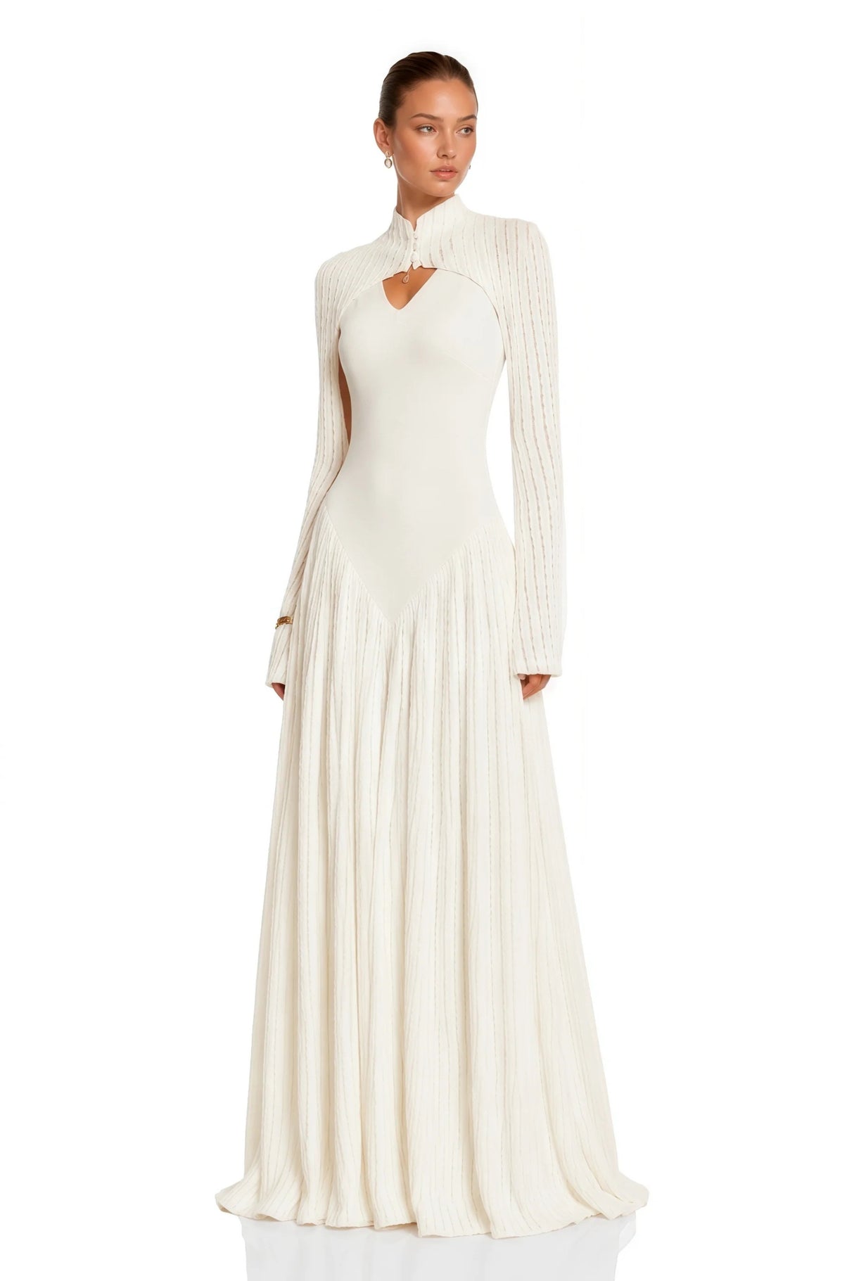 Amaris Neutral Ribbed Knit Long Sleeves Maxi Dress