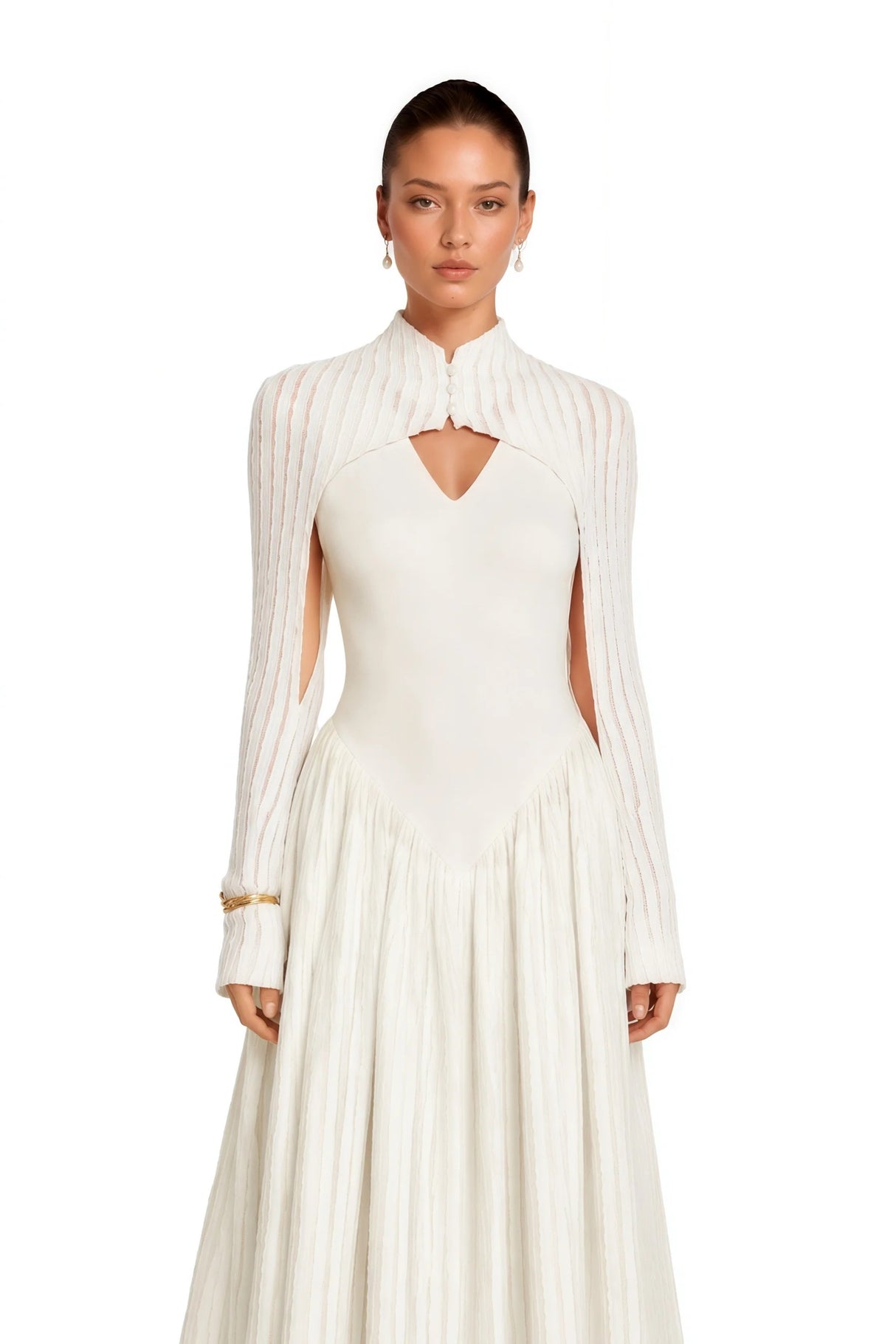 Amaris Neutral Ribbed Knit Long Sleeves Maxi Dress