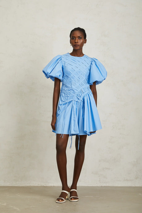 Amaryllis Blue Ruched Drawstring Hem Mini Dress