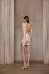 Amber Light Pink Asymmetrical Draped Chiffon Mini Dress