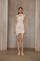 Amber Light Pink Asymmetrical Draped Chiffon Mini Dress