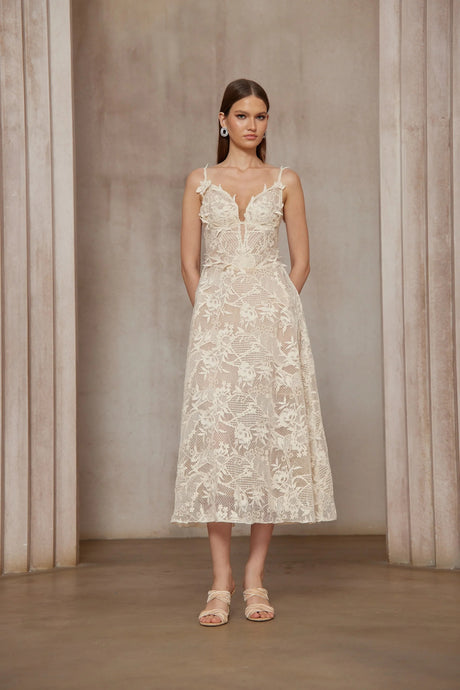 Amber White Sleeveless Floral Lace Midi Dress