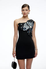 Amelia Black One Shoulder Mini Dress with Crystal Flower