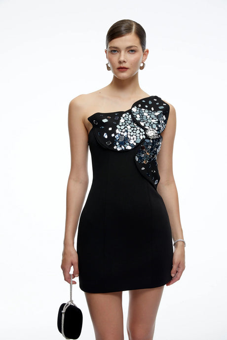 Amelia Black One Shoulder Mini Dress with Crystal Flower