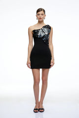 Amelia Black One Shoulder Mini Dress with Crystal Flower