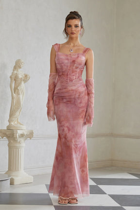 Amélie Pink Ombré Ruched Tulle Maxi Dress Without Gloves