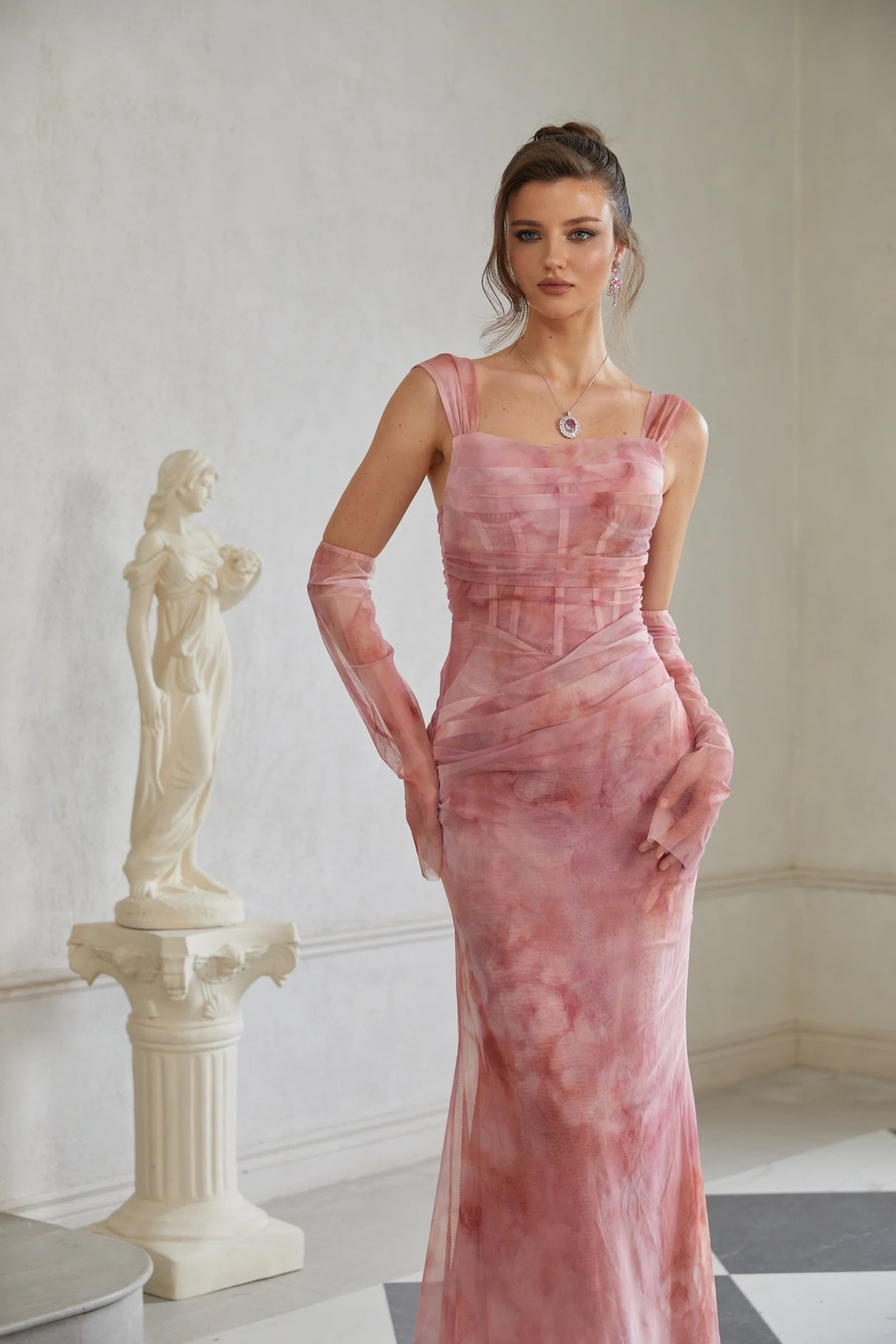 Amélie Pink Ombré Ruched Tulle Maxi Dress Without Gloves